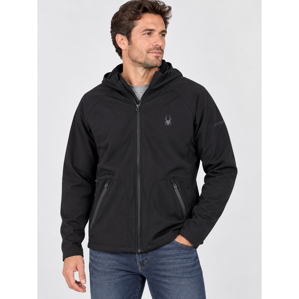 Spyder Mens Griffin Softshell Hood Jacket Black Full Zip Waffle Fleece Large NWT